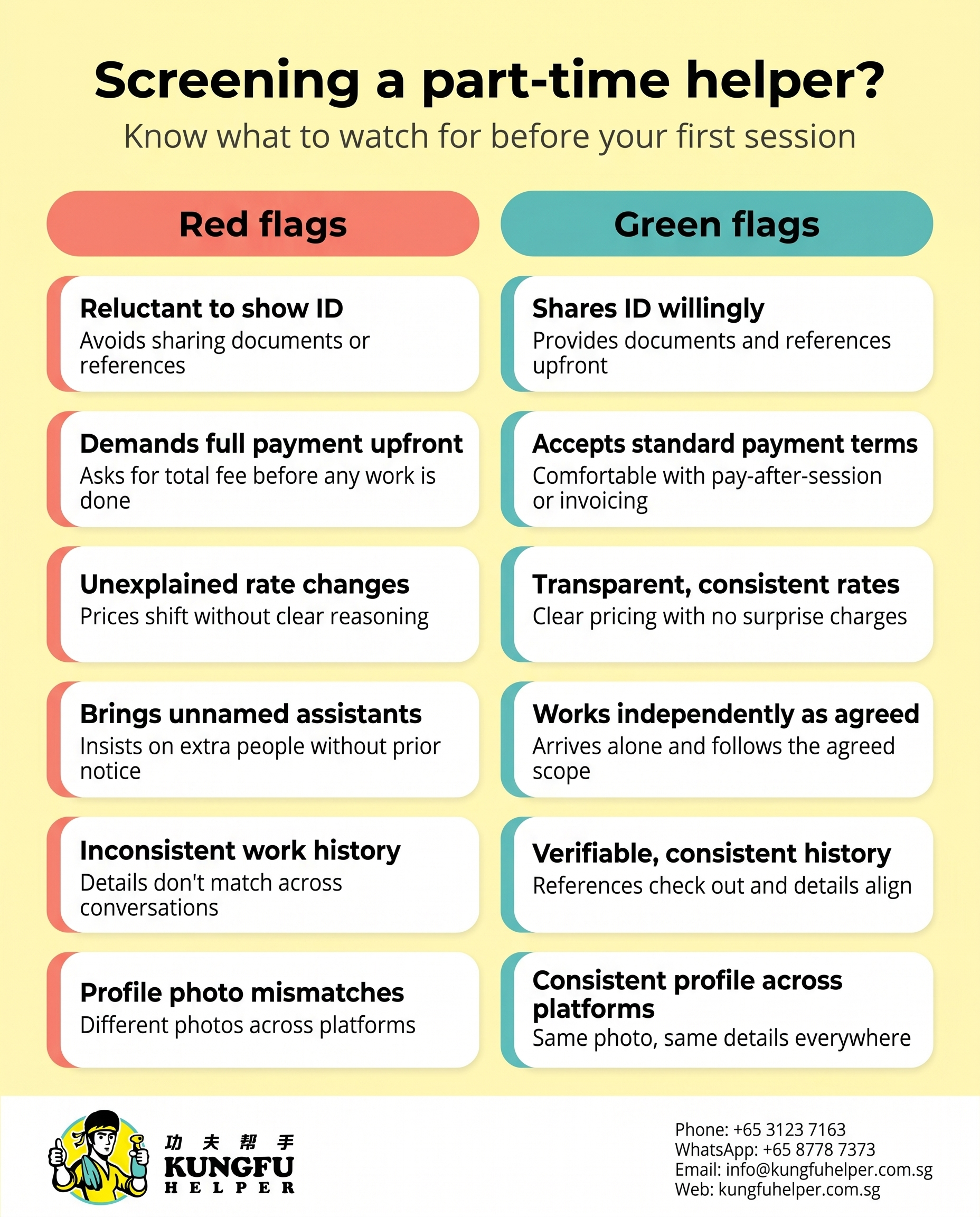 Infographic showing red flags versus green flags when screening a part-time helper in Singapore, including ID sharing, payment terms, rate transparency, and profile consistency